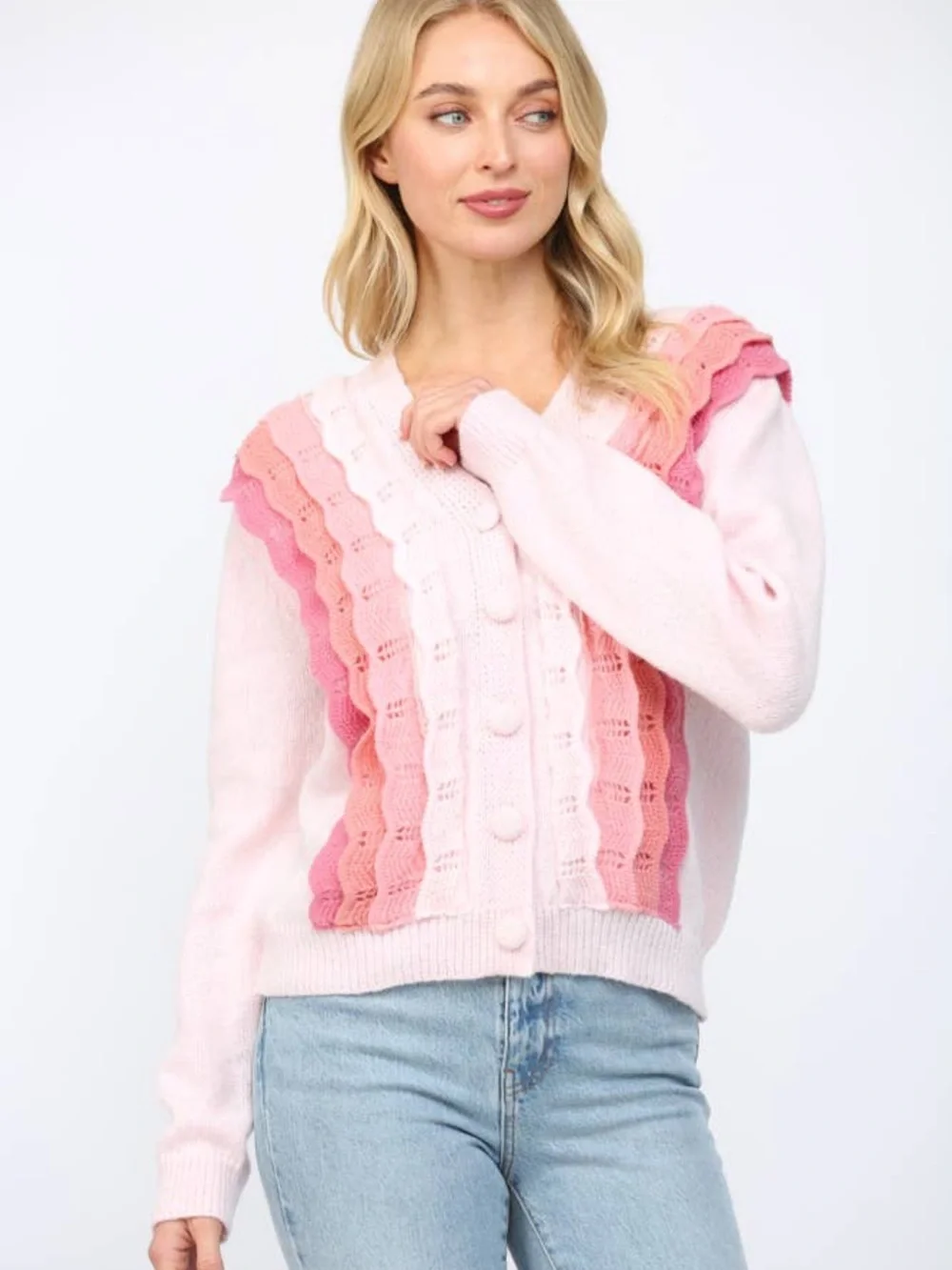 V-Neck Pink Gradient Ruffle Knit Cardigan Sweater by fate NWOT - Picture 1 of 9